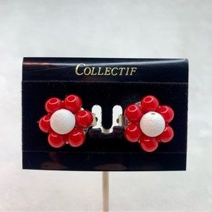 Collectif Vintage Beaded Flower Cluster Clip On Earrings Red White